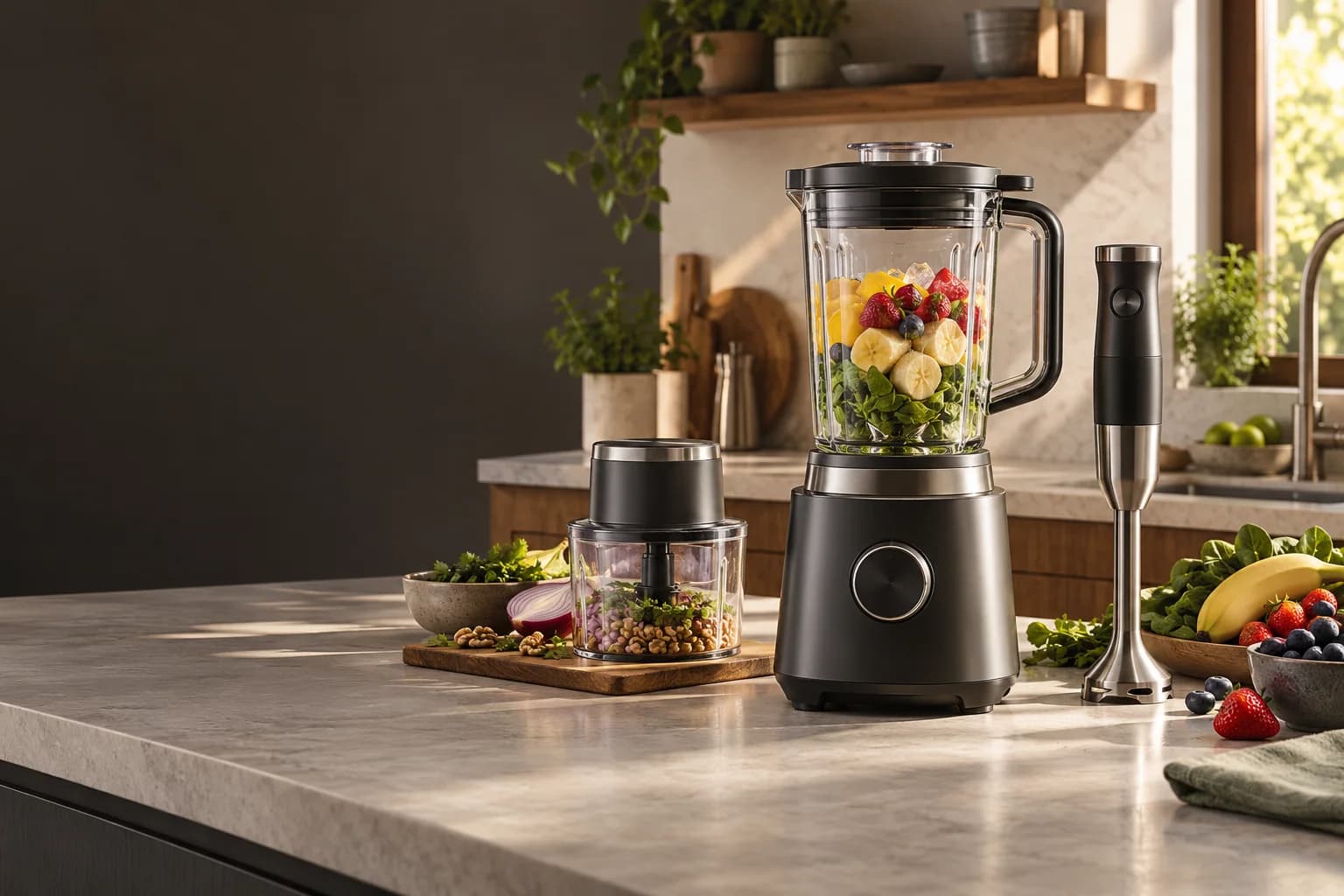 Illustrative household blender and food-preparation appliances on a kitchen counter